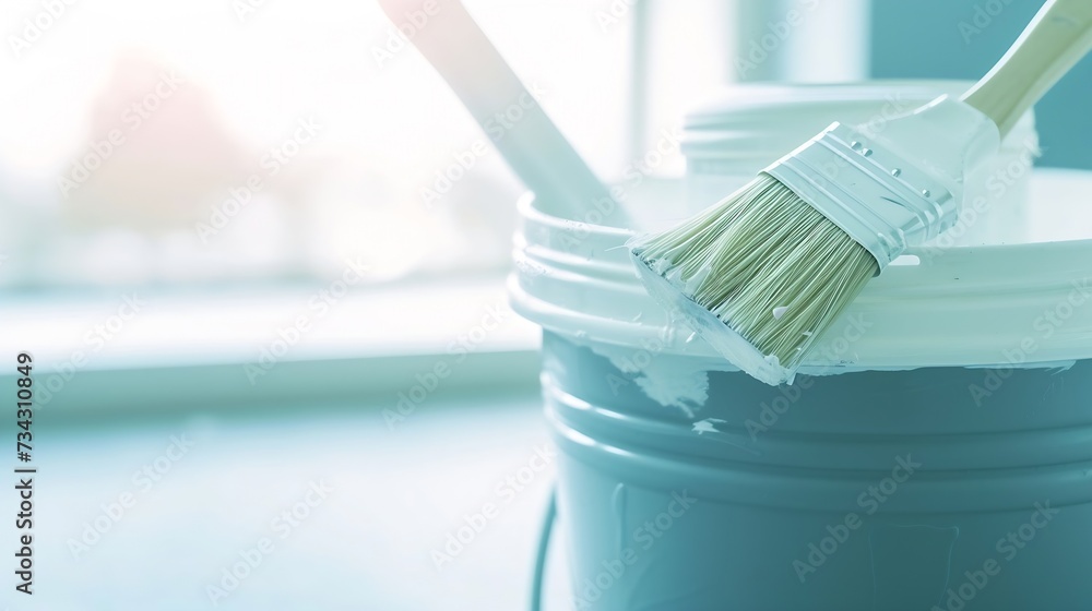 Generative AI : A bucket of white paint and a brush. Painting works in ...