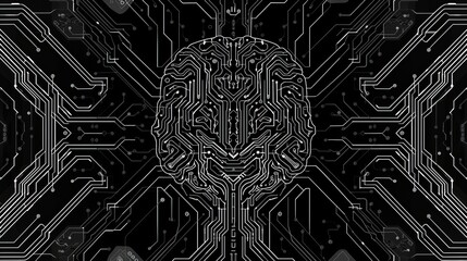 An outline top-view illustration depicts a circuit board shaped like a brain, representing the cyber brain concept and serving as an icon for artificial intelligence