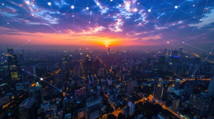 Canvas Print - A modern cityscape integrates wireless network connection, highlighting seamless urban connectivity against the backdrop of the night sky