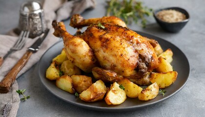 Wall Mural - Roasted chicken with potatoes on dark plate. Grey background. Close up. Top view. 