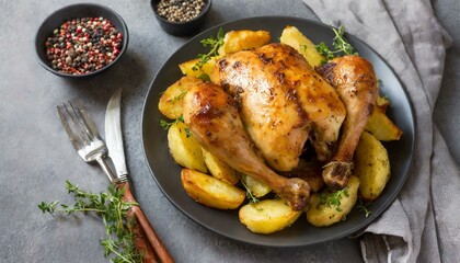 Wall Mural - Roasted chicken with potatoes on dark plate.