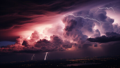 Poster - Dramatic sky, dark horizon, forked lightning, nature awe in technology generated by AI