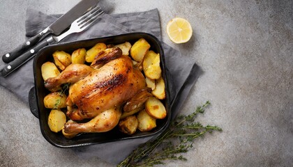 Wall Mural - Roasted chicken with potatoes on dark plate. Grey background. Close up. Top view. 