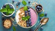 Smoothie bowl with granola, blueberries and mint.. Healthy breakfast