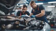 Generative AI : Two professional look technician inspecting car engine and lubricant system by using check list in modern car service shop.