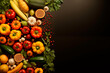  different colored vegetables row on dark background with copy space