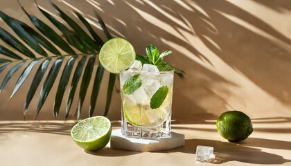 Cold Mojito cocktail with rum, lime, ice cubes and mint. Tropical palm leaf shadow. Sunlight and shadow background.