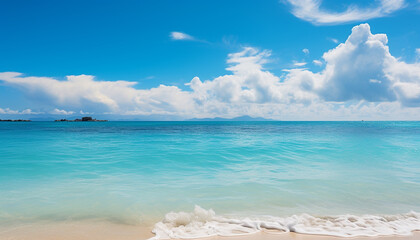 Poster - Tropical coastline, turquoise water, bright sky, tranquil vacation paradise generated by AI