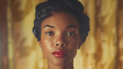 Wall Mural - beautiful 50s black woman with short hair, golden brown background with copy space