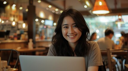 Canvas Print - Natural beauty Indonesian young woman, on her laptop, cafe background -- 