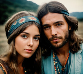 Wall Mural - Vintage image of a couple of young hippies