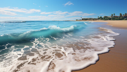 Wall Mural - Idyllic tropical coastline, waves splashing on transparent blue water generated by AI