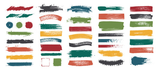 Fototapete - Colorful stencils, brush strokes with spray effect. Grunge callouts, graphic box, splashes, drops, highlighters, paintbrushes. Colorful artistic design elements with drops, blots. Vector brushes set