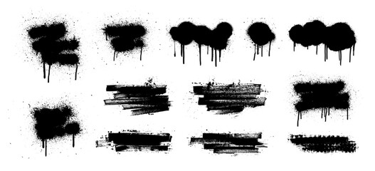 Fototapete - Black dried paint with splashes, dirty textured brush strokes, ink stencils for graphic design, text fields. Grunge frame callouts for text, Artistic template texture of ink brush strokes. Vector