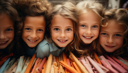 Wall Mural - Children in a classroom, smiling and looking at the camera generated by AI