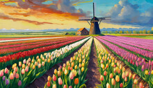 Windmill In The Tulip Field At Sunset, Art Design