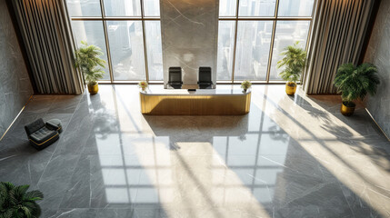 Wall Mural - Sleek reception area with golden desk and floor-to-ceiling windows. Corporate luxury. Generative AI