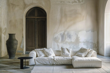 Poster - A white sofa with cushions in a rustic Mediterranean country home interior with bare walls and vase