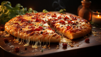 Wall Mural - Freshness on a rustic table homemade pizza, gourmet slice, mozzarella generated by AI