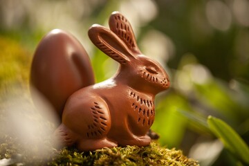 Canvas Print - Small chocolate bunny with eggs sitting on green forest