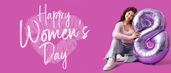 Sticker - Beautiful young girl with balloon in shape of figure 8 on magenta background. Banner for International Women's Day