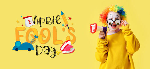 Wall Mural - Funny little girl in clown wig with eyeglasses and megaphone on yellow background. April Fools' Day celebration