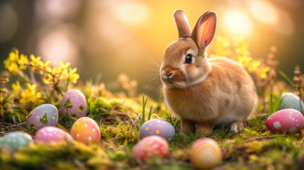 Wall Mural - A bunny surrounded by colourful Easter eggs, set in a serene spring environment with soft, glowing sunlight. Ai generative