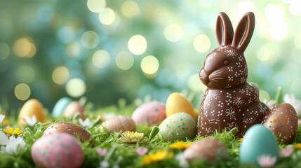 Wall Mural - A chocolate Easter bunny surrounded by colourful decorated eggs and flowers with a bokeh background. Ai generative