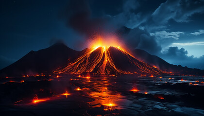 Wall Mural - Burning mountain peak erupts, revealing beauty in nature mystery generated by AI