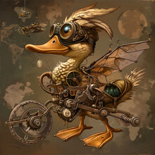Design An Amusing Steampunk Inspired Cartoonish Duck On Vintage Flying Gadgets