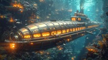 Vibrant Submarine In Oceanic Environment. Concept Of Underwater Exploration, Marine Vehicle, Ocean Adventure, And Steampunk Design.