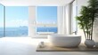 Minimalist contemporary bathroom with white colour palette, bath tub, sea views, quiet luxury concept, banner