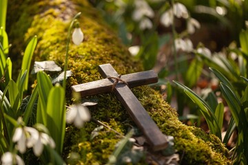 Wall Mural - Wooden Cross with flower in fresh spring forest