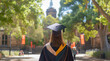 © Enrique - Caucasian woman in graduation attire near university, seen from behind