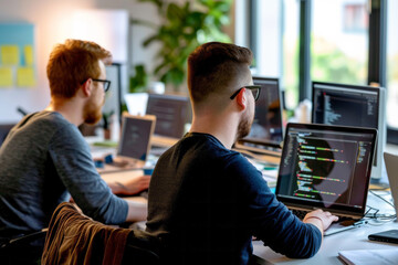 focused programmers coding on computers in a modern tech office