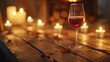 Wine glass on a rustic wooden table, surrounded by the warm glow of candles, generative ai