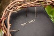 Crown of thorns on holy Bible with flower. Easter concept.