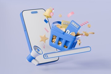 3d minimal cartoon smartphone with blue coupon voucher ticket with a basket cart and search bar for 