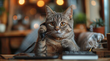 A Small Cat With Whiskers And Fur, Sitting At The Table And Talking On The Mobile Phone.