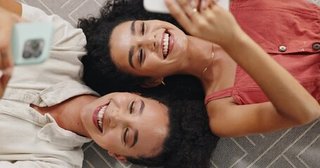 Wall Mural - Friends, cellphone and connection to message on bed, happiness and bonding together for care on weekend. Women, mobile app or social media to relax or post update, love or above in bedroom on holiday