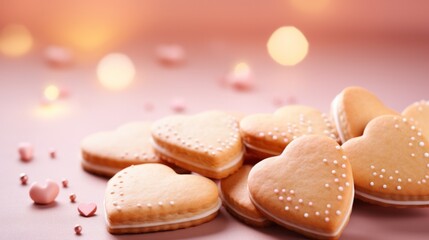 Poster - A bunch of heart shaped cookies on a pink background, AI