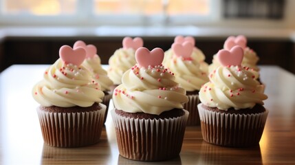 Canvas Print - A group of cupcakes with pink frosting and hearts on top, AI