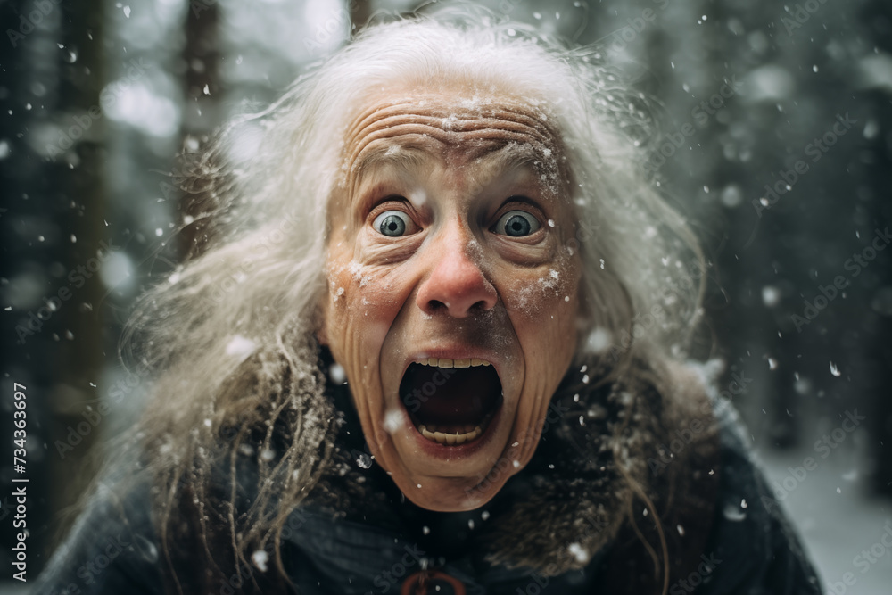 Crazy old woman screams in the snowy forest. Close up portrait of mad ugly granny with open