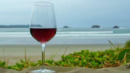 Wall Mural - wine glass, beach background generative ai