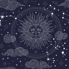 Star constellation clouds and sun seamless pattern