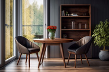Modern summer house sitting and dining area with leather upholstered dining chairs a round wooden table and display shelves set against a panelled wall interior room design mockup