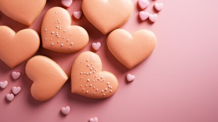 Canvas Print - A bunch of heart shaped cookies on a pink background, AI