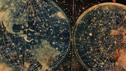 Ancient and vintage star map with an old representation of constellations and stars, adorned with golden symbols of medieval astrology, and phases of the moon and celestial bodies. 