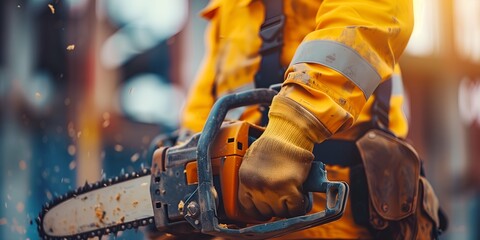 Close-up of a chainsaw in the hands of a worker.