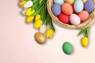 Canvas Print - Easter concept, colored eggs with fresh flowers